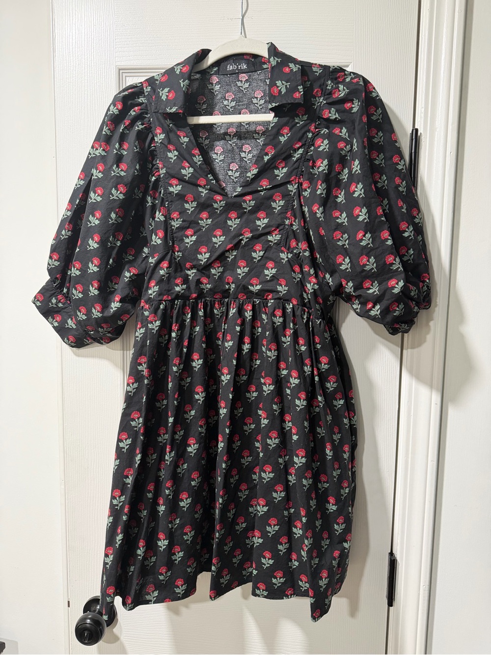 fab'rik Black Mini Dress with Red Rose Print
